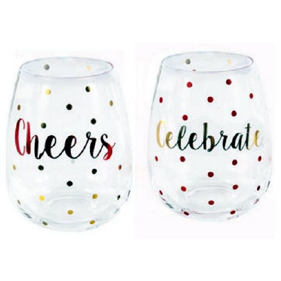 Set of Two Metallic Gold and Red Stemless Wine Glasses "Celebrate" and "Cheers" - Picture 1 of 1